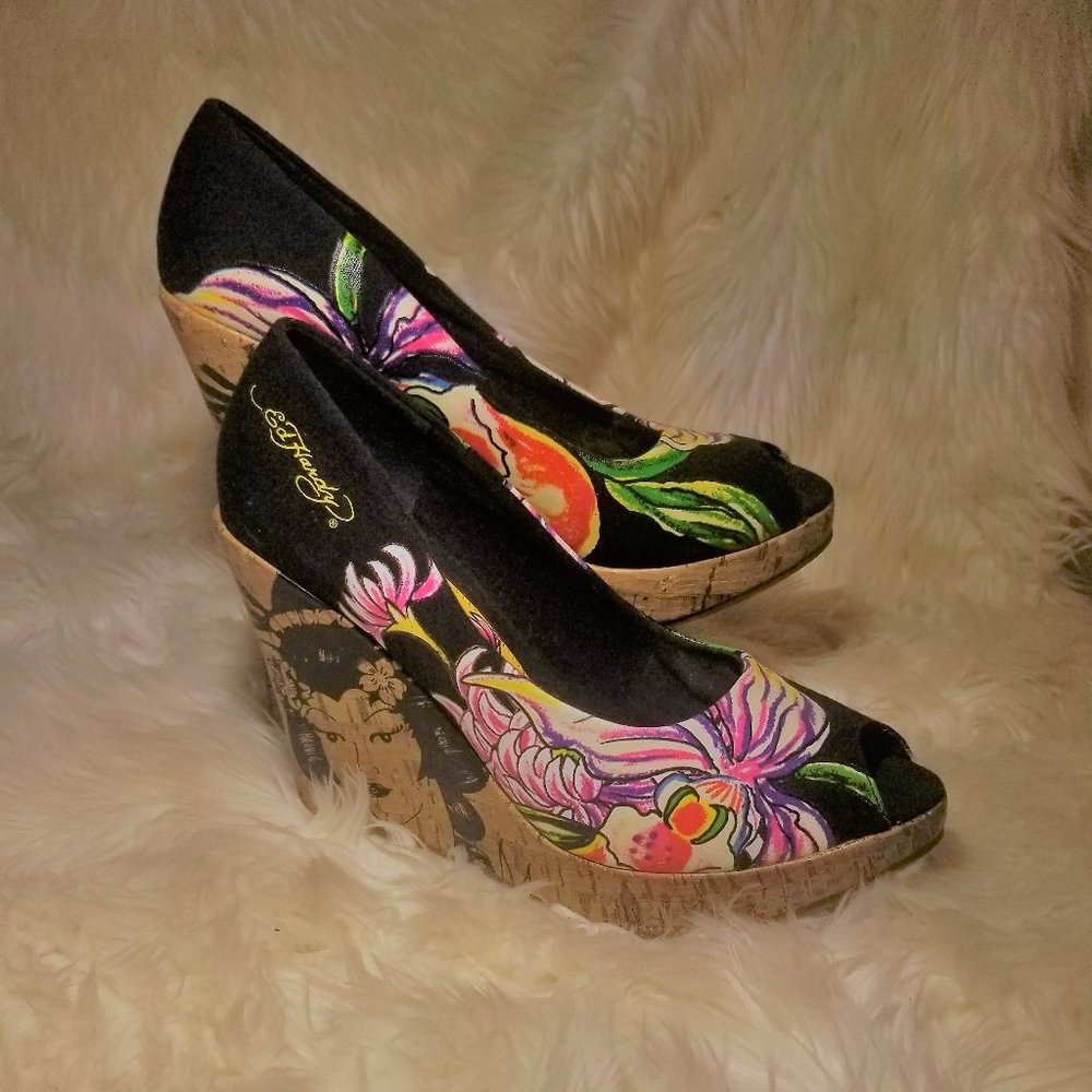Woman's Black Ed Hardy Peep Toe Wedges